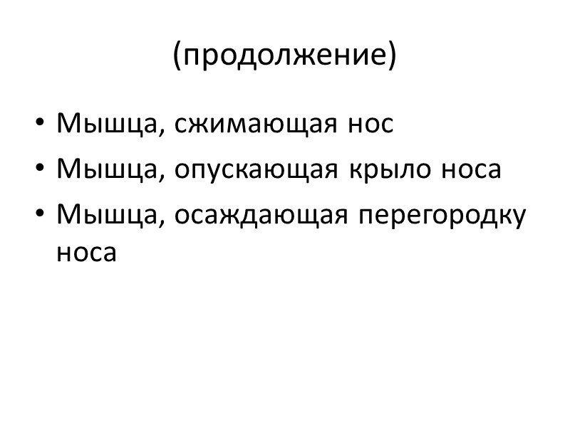 (продолжение) Мышца, сжимающая нос Мышца, опускающая крыло носа Мышца, осаждающая перегородку носа